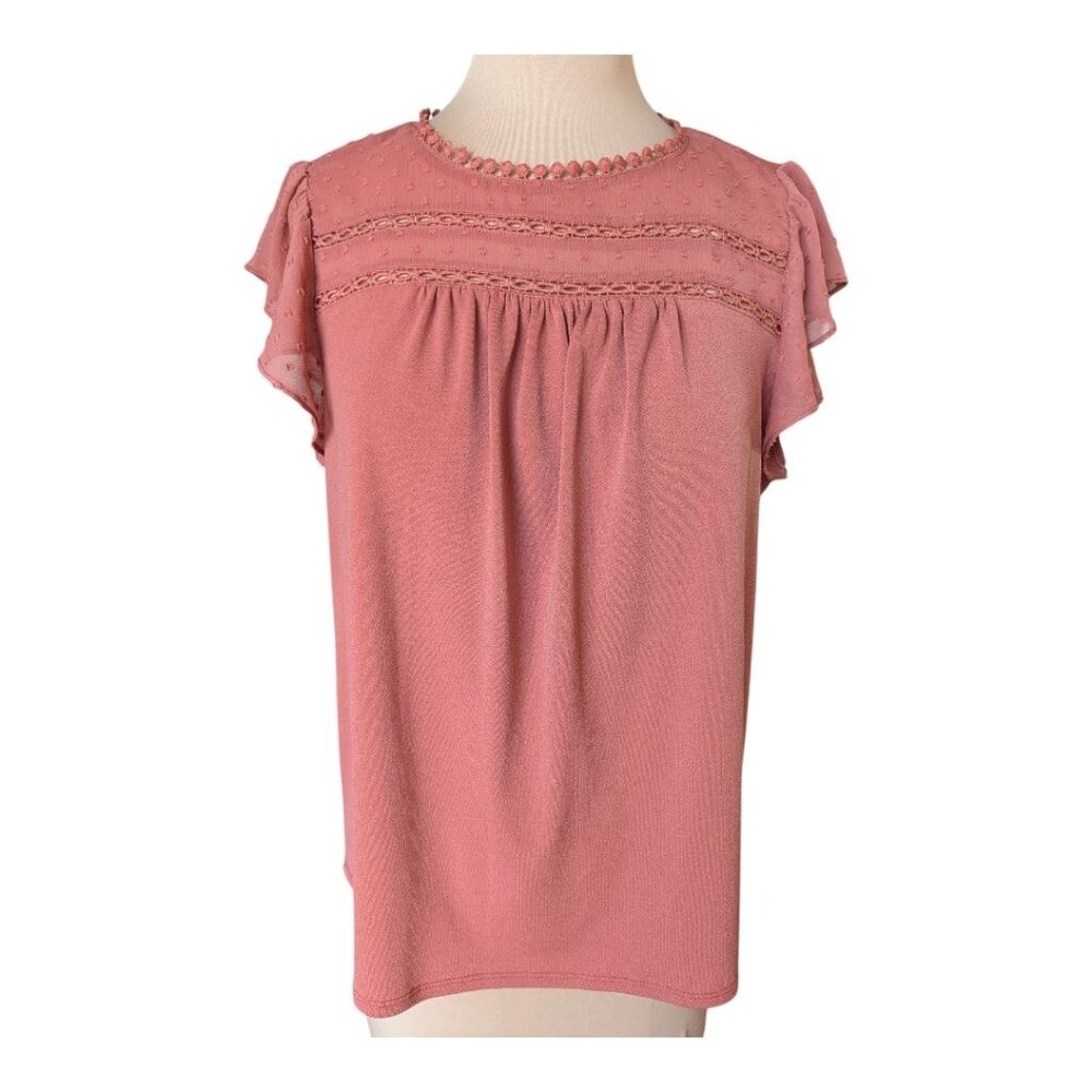 Dusty Rose Swiss Dot Short Flutter Sleeve Blouse Top Crochet Lace Trim Size M